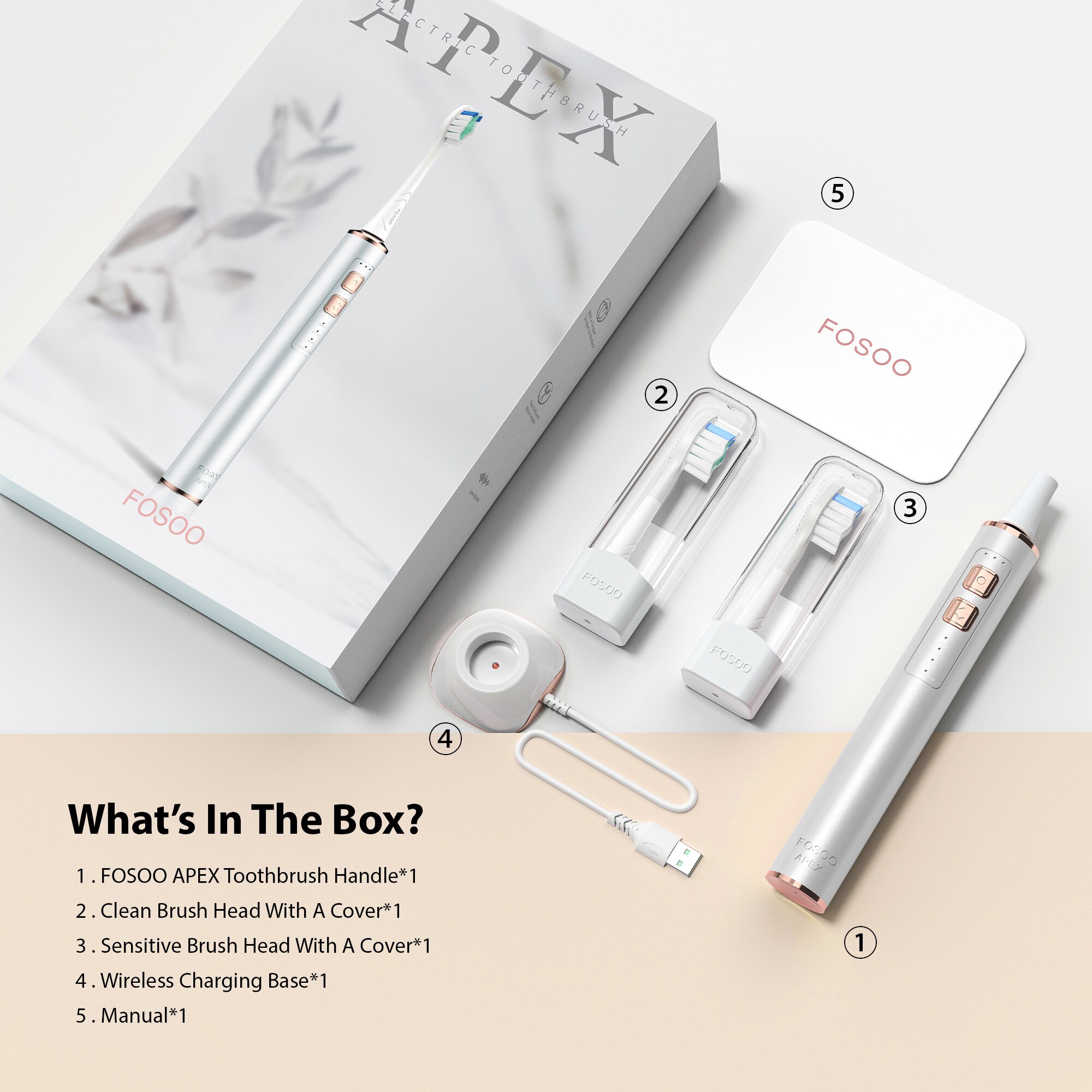 FOSOO – brosse à dents électrique sonique APEX 42000VPM, 2 Min, minuterie intelligente, autonomie de la batterie de 180 jours, 4 Modes de nettoyage, 2 têtes de brosse roses: White