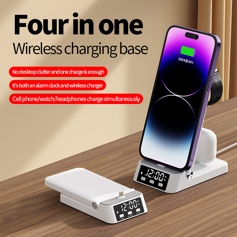 Support de chargeur sans fil pliable 4 en 1, horloge, alarme, pour iPhone 14 13 12 11, Samsung Galaxy Apple Watch 8/7/6, Station de charge rapide