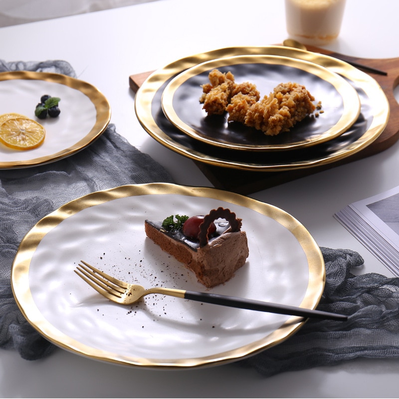 8 tommer 10 tommer guld keramisk tallerken fad hvid sort bordsæt porcelæn smykker luksus service plade bakke sæt køkken toos