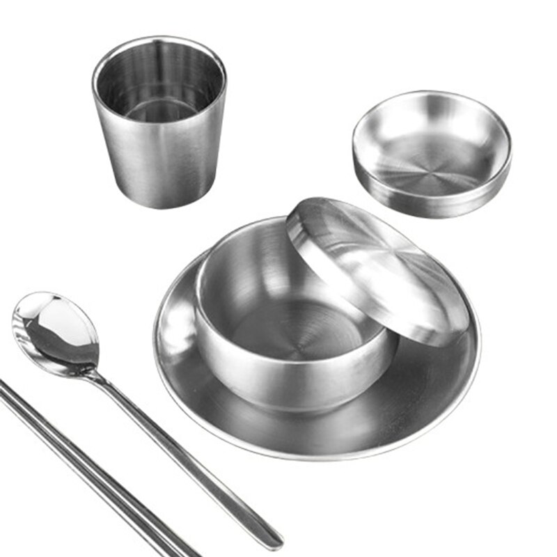 6Pcs Rvs Koreaanse Servies Barbecue Restaurant Cup Lepel Eetstokjes Diner Plaat: Silver