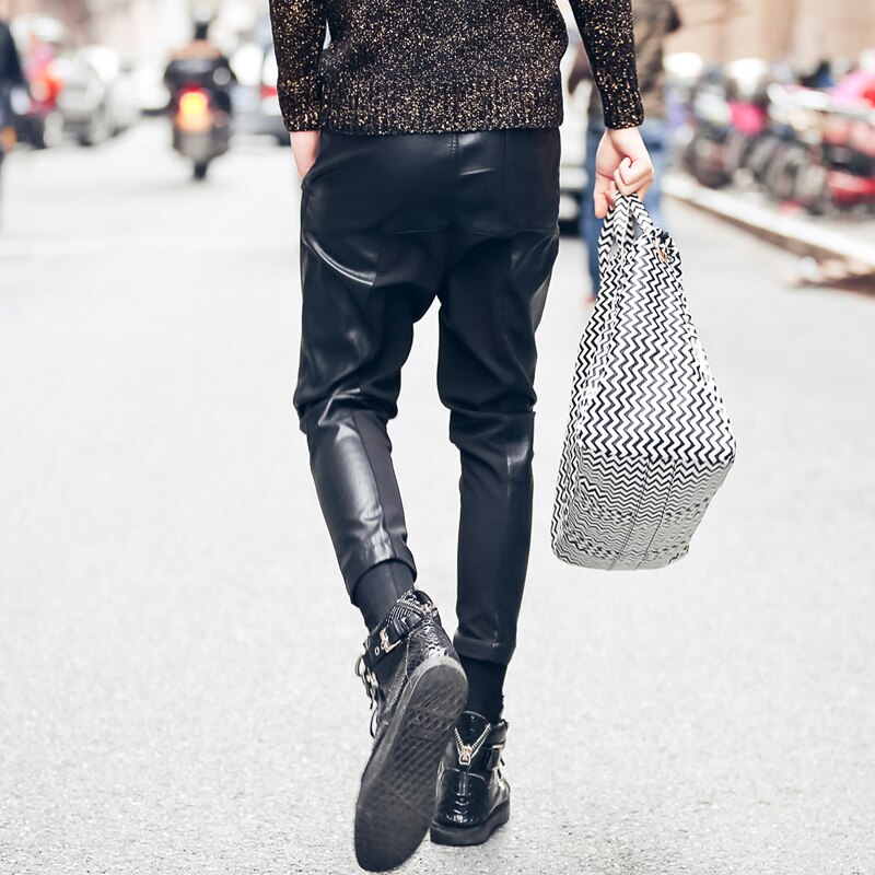 Heren casual leren broek schroef nep tweedelige skinny broek mannelijke taps toelopende broek zwarte broek zanger kostuums