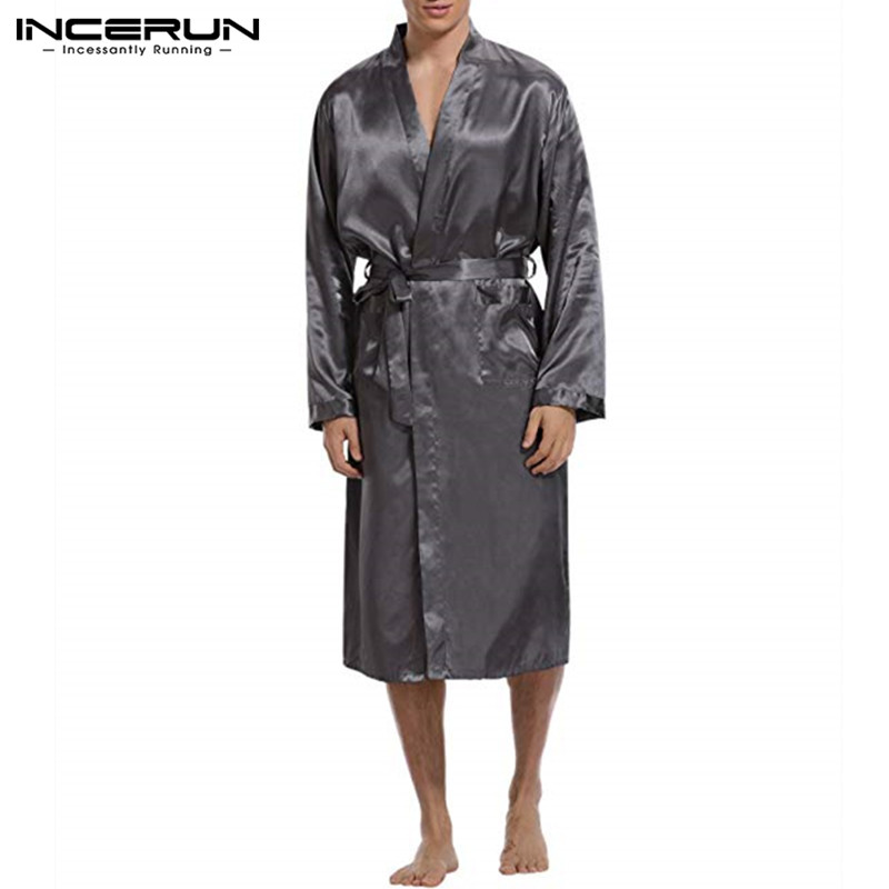 Incerun silke satin herr sovkläder morgonrock långärmad höst lång morgonrock lightwear avtagbara bältesfickor klänning pyjamas