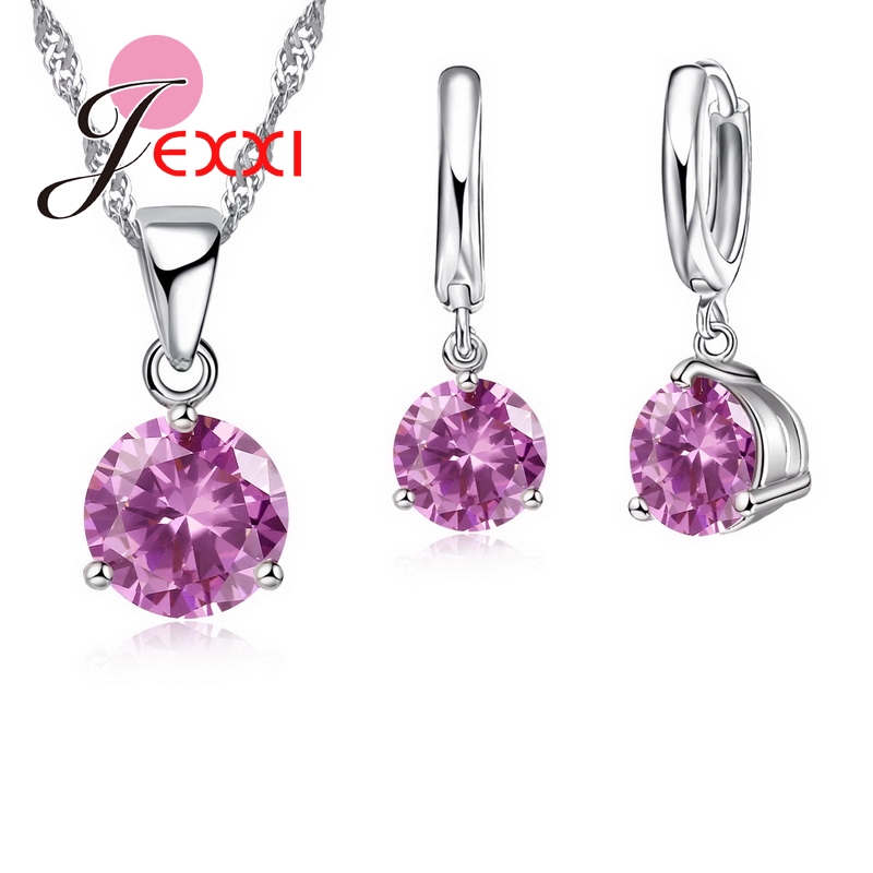 Crystal Kettingen Set 8 Kleuren 925 Sterling Zilveren Hangers Stud Earring Sets Vrouwen Kubieke Zirkoon Sieraden