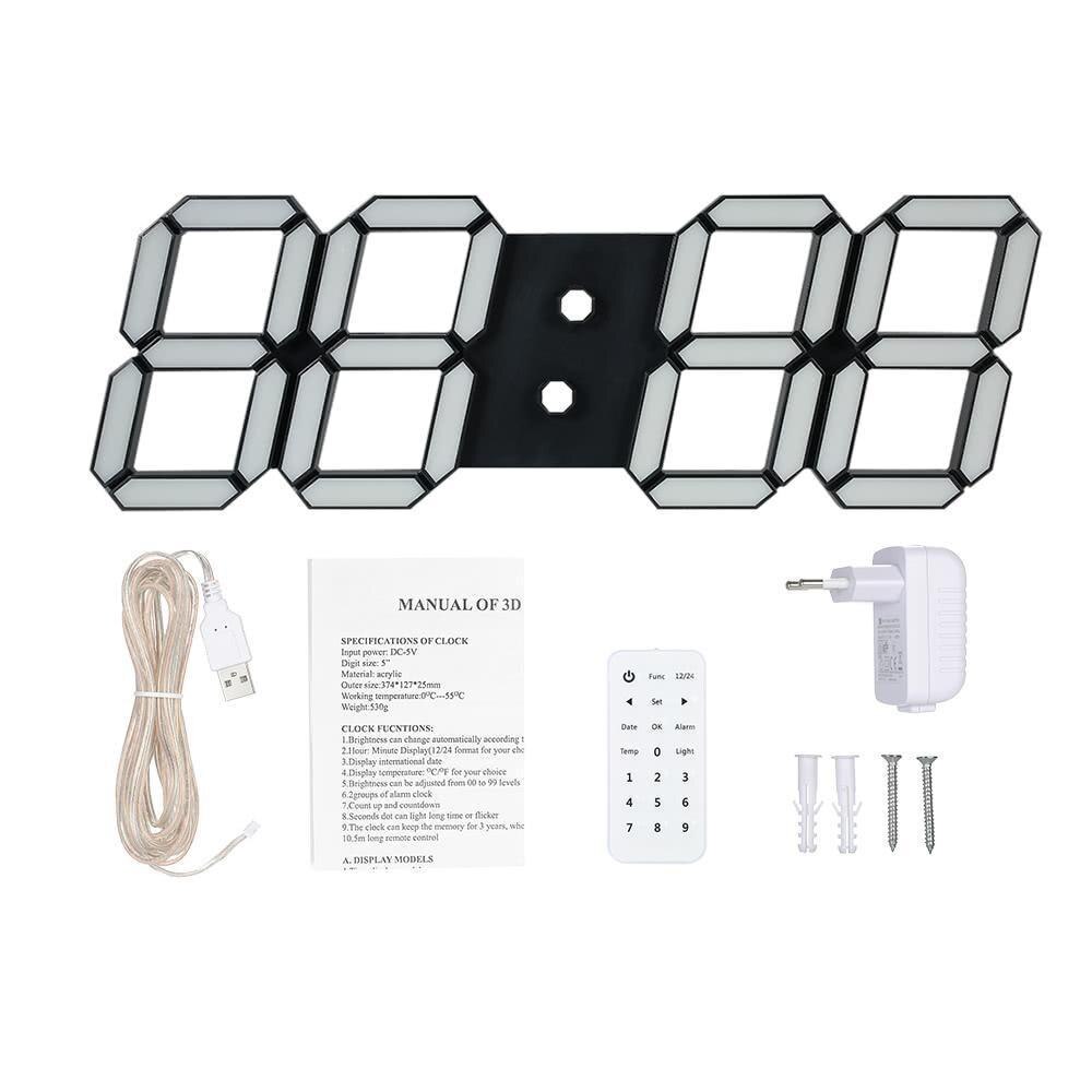 LED 3D Digital Wall Clock with Remote Control Large Modern Nightlight Alarm Wall Watch For Home Living Room Black Shell EU Plug