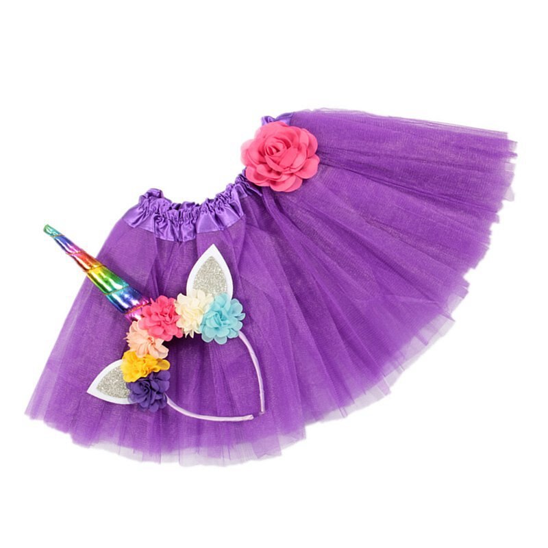 Vogueon criança do bebê tutu saia 9 cores elástico em camadas uma linha meninas arco tutu flor com unicórnio bandana para festa de aniversário: Purple Tutu Set