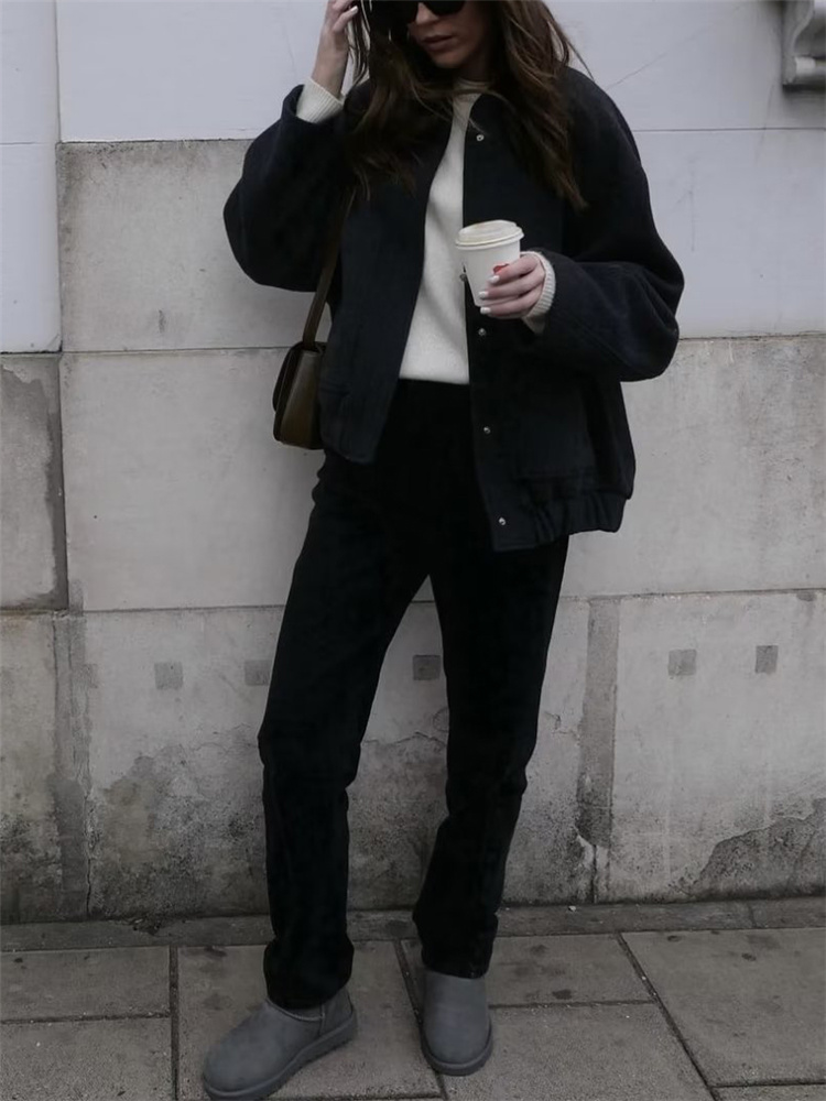 Woman Loose Gray Warm Baseball Jacket Spring Casual Oversized Bomber Jacket Girls Vintage Thick Warm Outwear