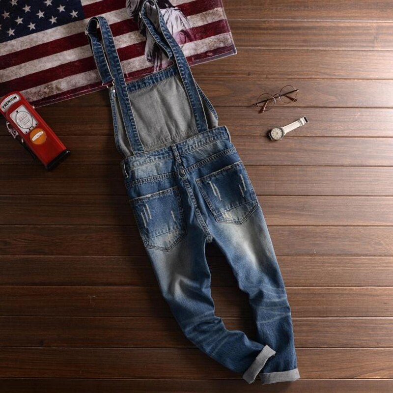 Sokotoo Men's plus size casual ankle length slim denim bib overalls hole ripped crop jeans Jumpsuits