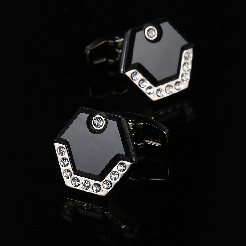 Black Inlaid White Crystal French Shirt Cufflinks Men Business Banquet Casual Dating Wedding Celebration Cuff Links