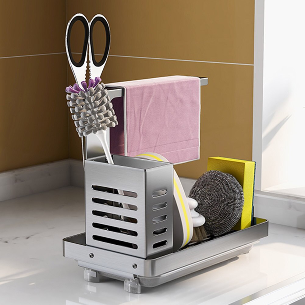 Multifunction Countertop Stainless Steel Dispenser Kitchenware Wall Mounted Rag Rack Kitchen Sink Caddy Organizer Rustproof