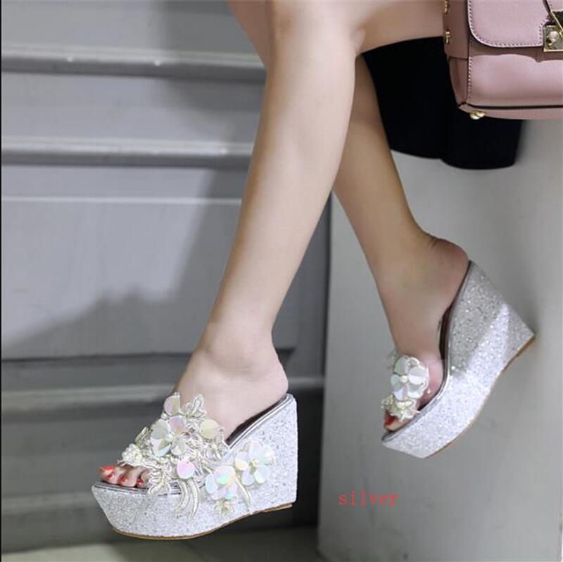 Zpxhsm zomer damesschoenen slippers zoete kralen bloemen hoge hakken mooie strass pumps casual schoenen  y191: Zilver / 7