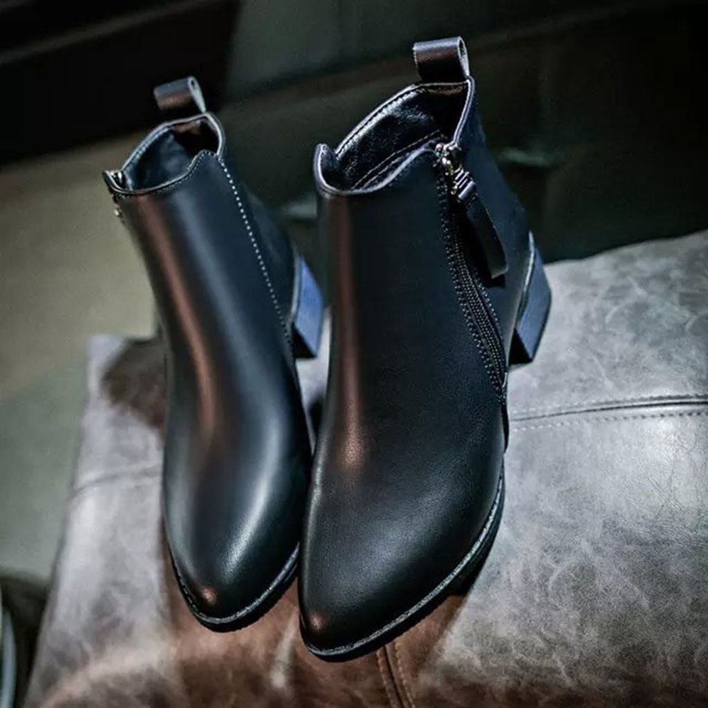 Dam blixtlås läderstövlar vinter ren färg spetsad tå blixtlås stövlar fyrkantiga klackar vintage damstövlar botas #g3