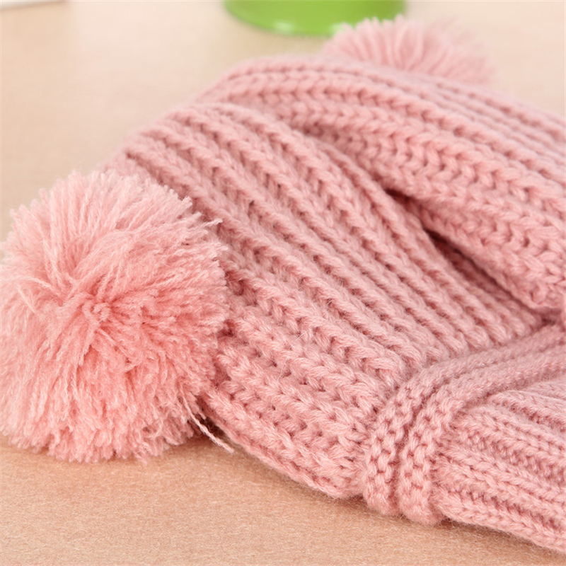 Gorro de punto de lana con dos pompones dobles para niños y niñas de 1 a 3 años, invierno,