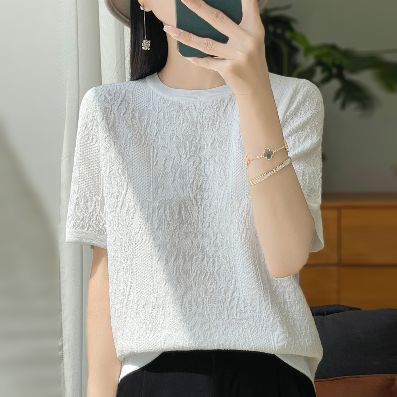 Dam-t-shirt sommartröja i ull med kamgarn kortärmad avslappnad enfärgad damkläder rund hals toppar lös blus