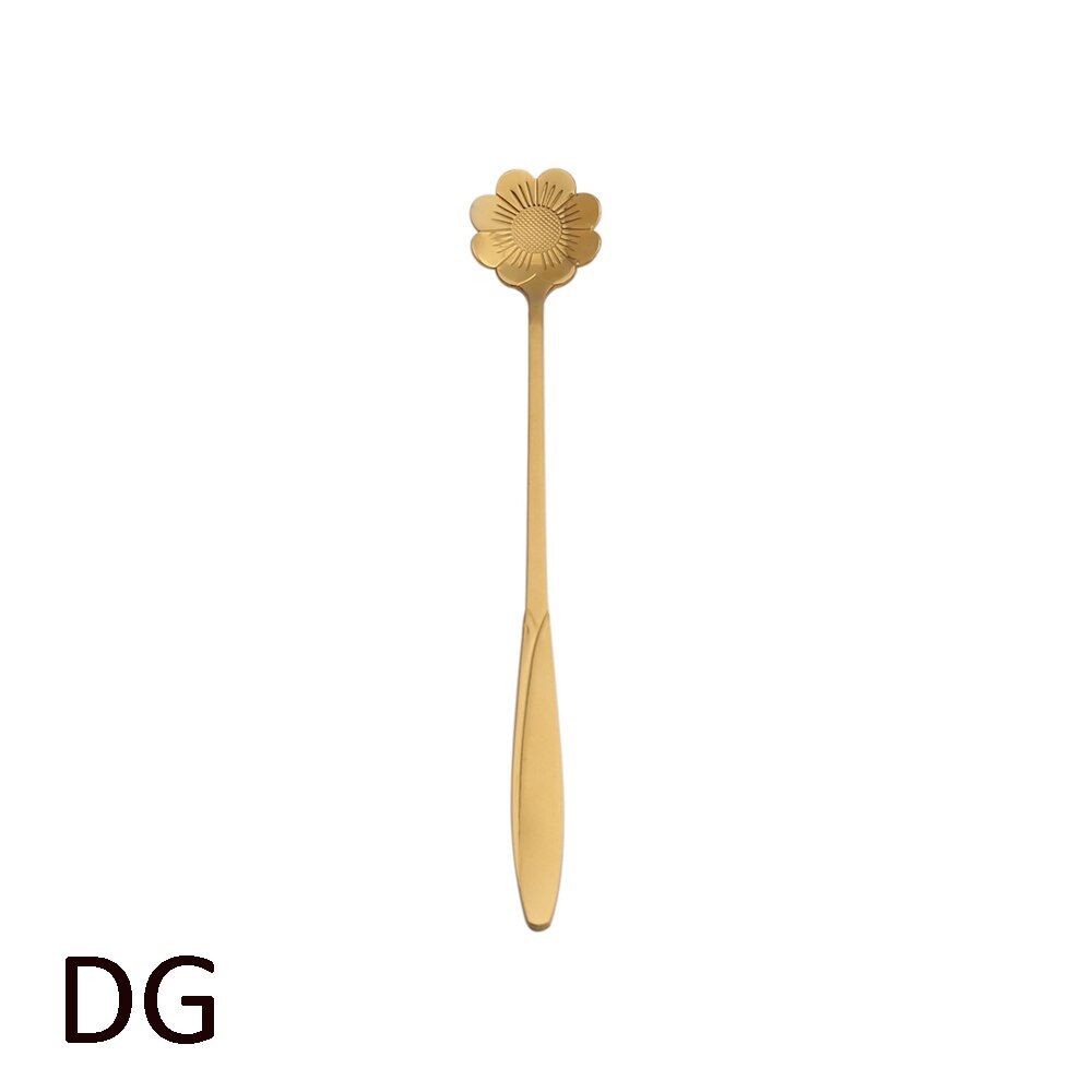 Rustfrit stål ske blomster guld ske lang håndtag sukker dessert teske bar cafe service: D guld