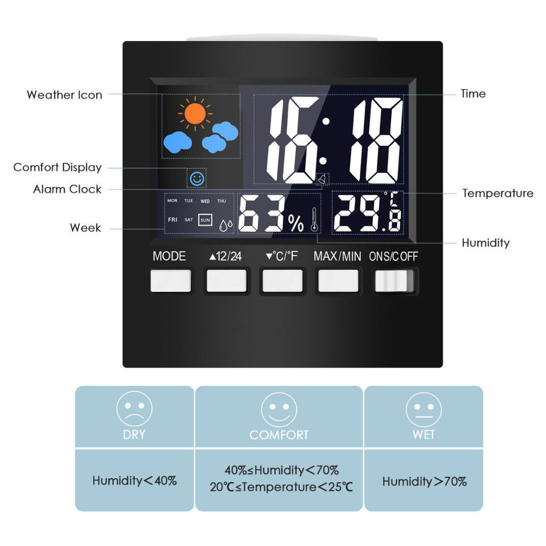 Weather Clock Color Screen Digital Display Thermometer humidity clock Colorful LCD Alarm Calendar Weather Pop