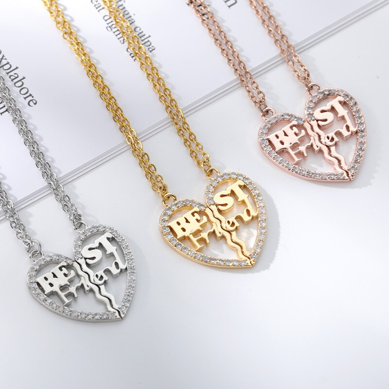 2 pieces zircon spliced love heart necklaces for women stainless steel gold letter best friend necklace boho jewelry friendship