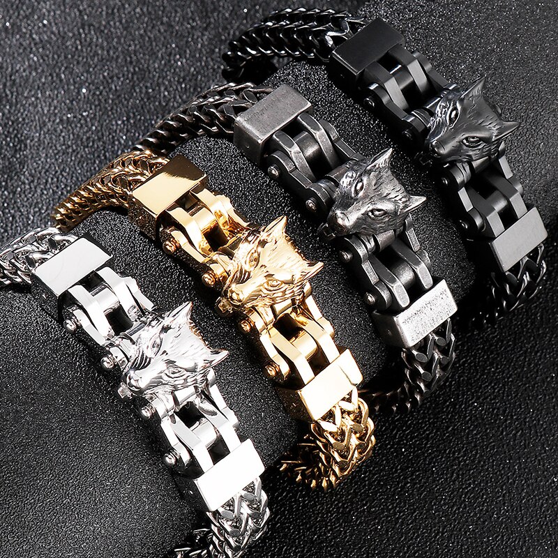 Edelstahl männer Armbänder Mit Wolf Köpfe 12MM Doppel Schicht Franco Link Curb Kette Armband Männer Punk Schmuck mit Tasche