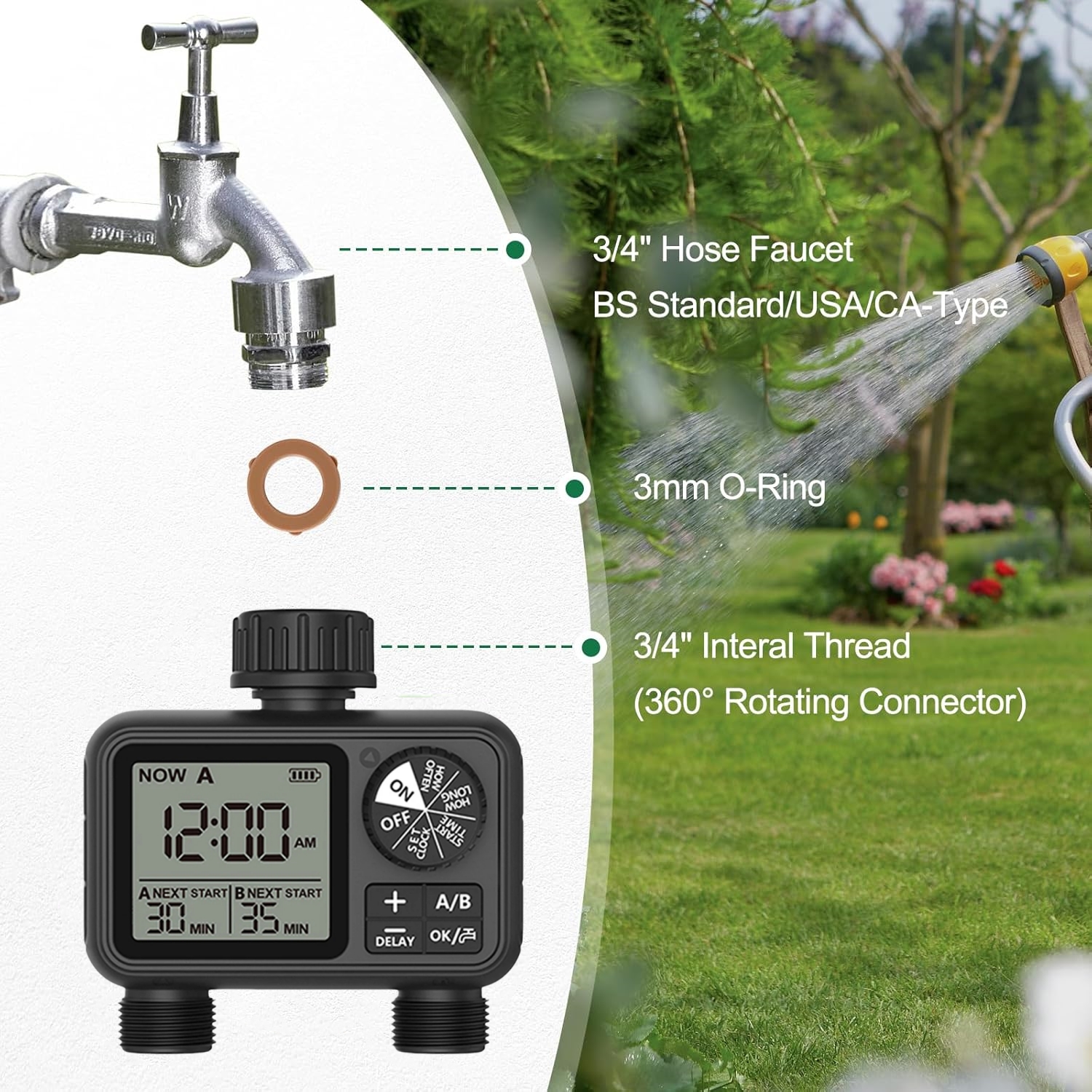 Temporizador de agua, el más temporizador de agua Digital de 2 salidas, Control de programador independiente de zona A/B, aspersor ajustable, fácil instalación