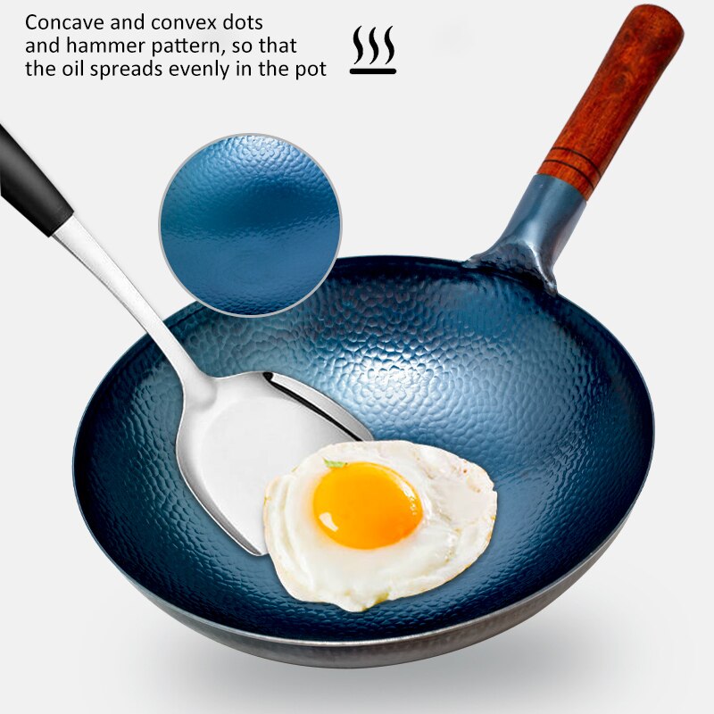 Konco Handgemaakte Ijzeren Pot 32Cm Ongecoat Traditionele Ijzeren Wok Houten Handvat Non-stick Wok Gasfornuis Pan Keuken kookgerei