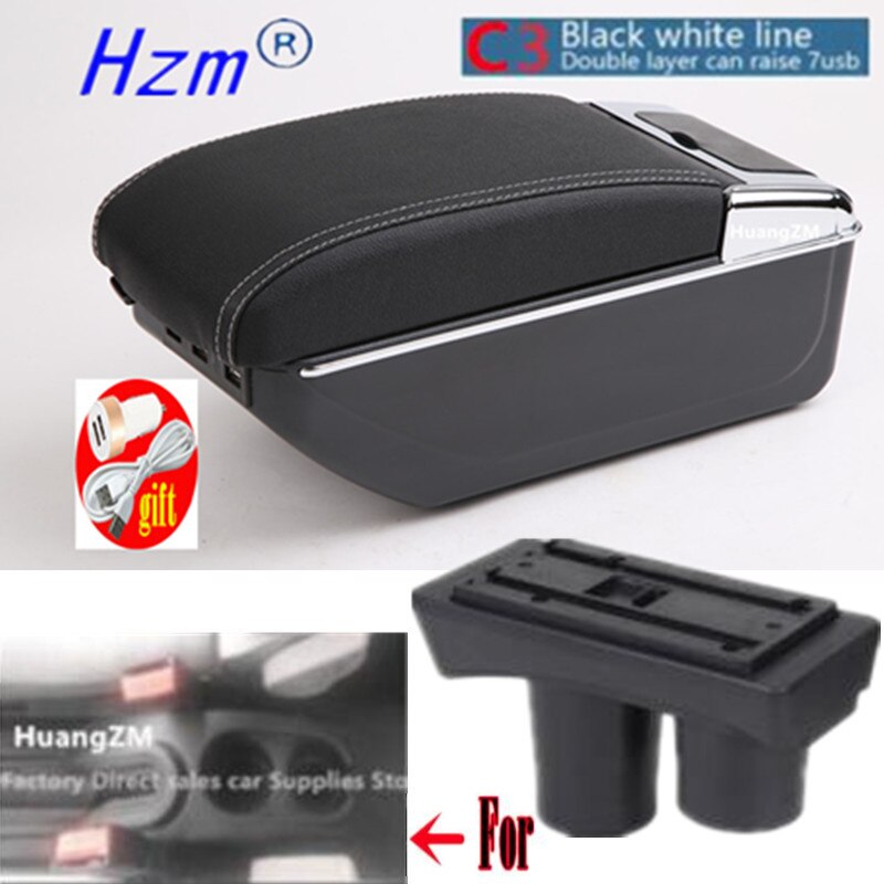 Reposabrazos para Citroën C2 y C3, caja con carga USB, doble capa, Cenicero, accesorios de almacenamiento central: C3 style white line