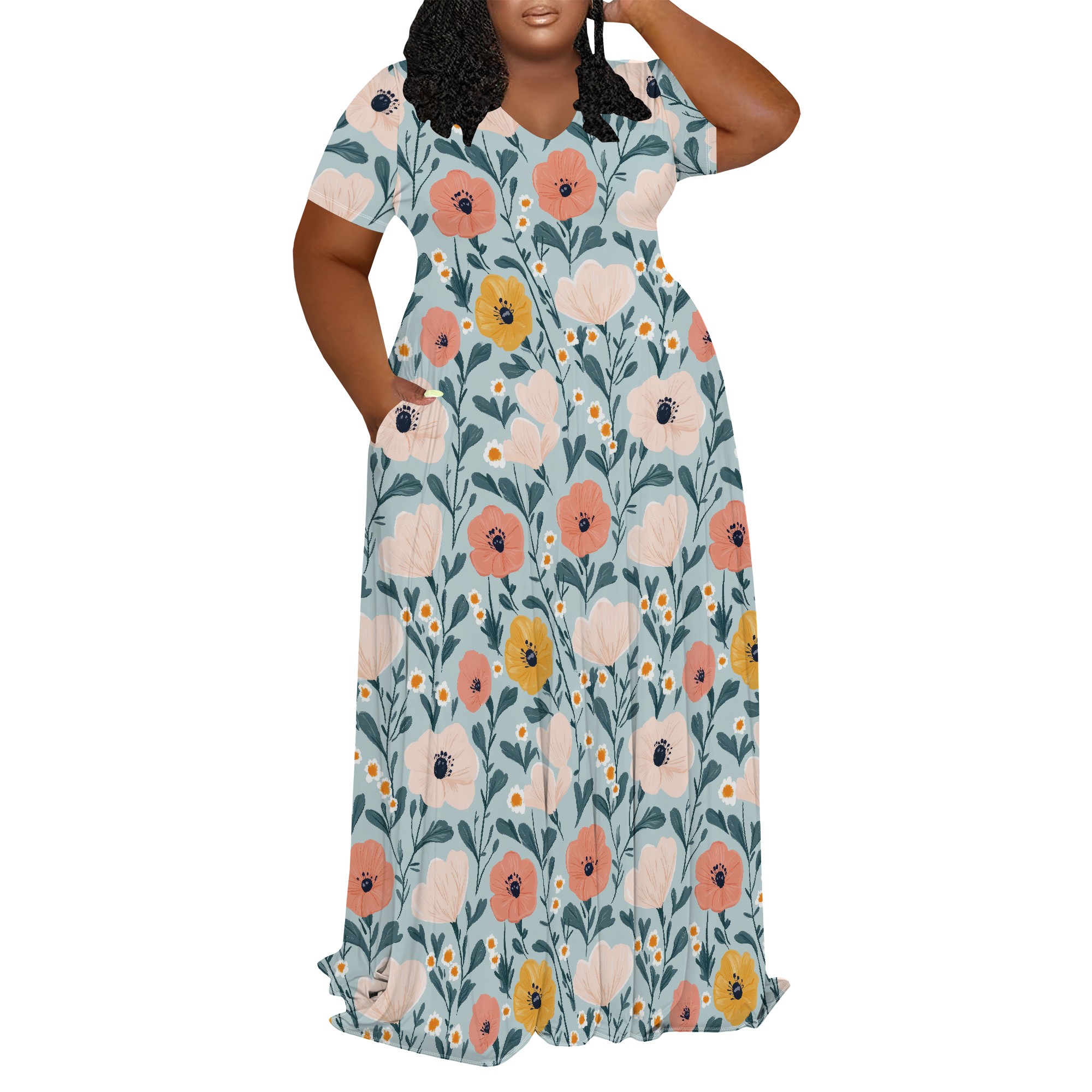 Plus-kokoinen vaalea kukkakuvioinen maksimekko kesäiseen piknik-brunssiin tai lomailuun: 6xl / Beige