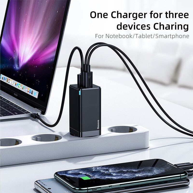 Baseus 65W Gan Derde Generatie Gan Charger Met Drie Poorten (Inclusief 100W Datakabel) CCGAN65C3 Ondersteuning Qc/PD3.0 Mini Draagbare
