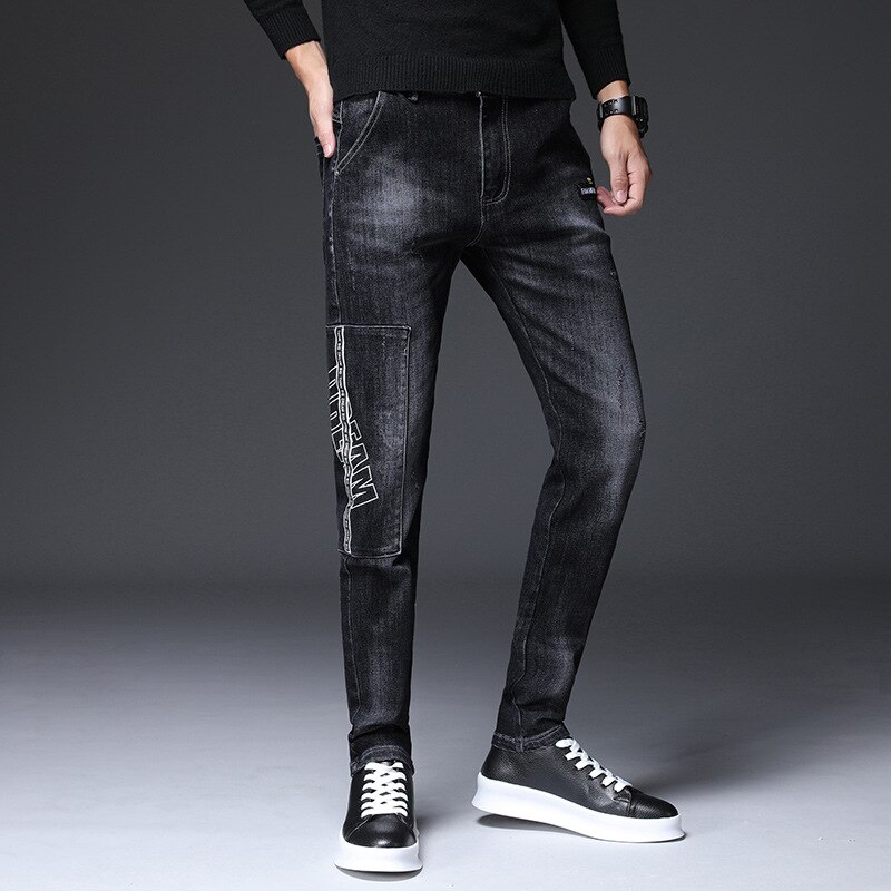 Heren denim jeans heren gekreukt gewassen 100%  katoenen dunne denim heren jeans ritssluiting knoopsluiting vijf-pocket jeansbroek