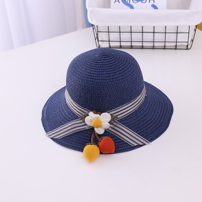 Summer Sweet Cute Flowers Kids Straw Hats Children Beach Cap Baby Photography Props Baby Girl Hat Sun Visor Caps: navy blue