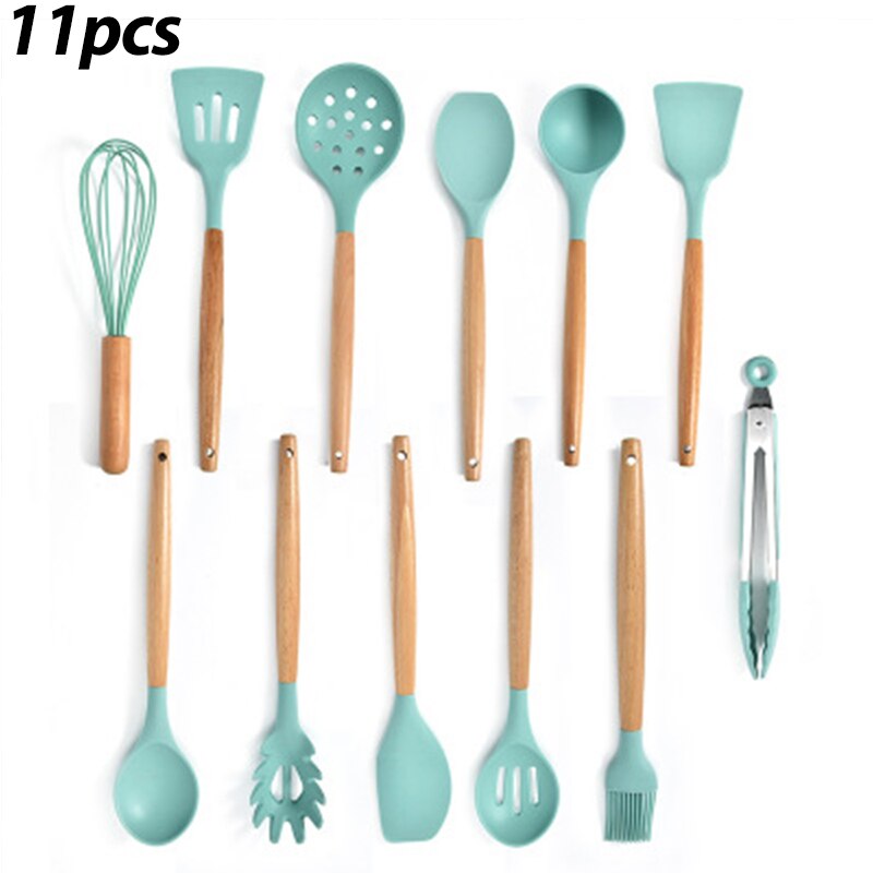 12/11PCS White Silicone Kitchenware Cooking Utensils Set Heat resistant Non-Stick Pan Cooking Spatula Spoon Wooden Handle: Green 11pcs