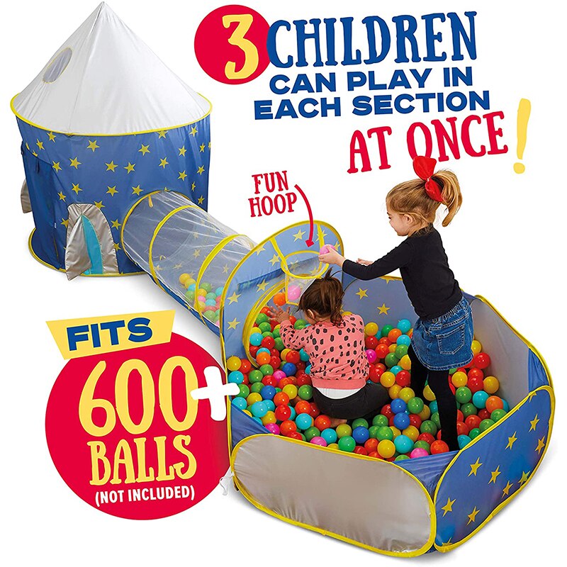 3 In 1 Kids Rocket Tents Crawl Tunnel Ball Pit Children Castle Playhouse for Boys Girls Indoor Outdoor Children&#39;s Tent