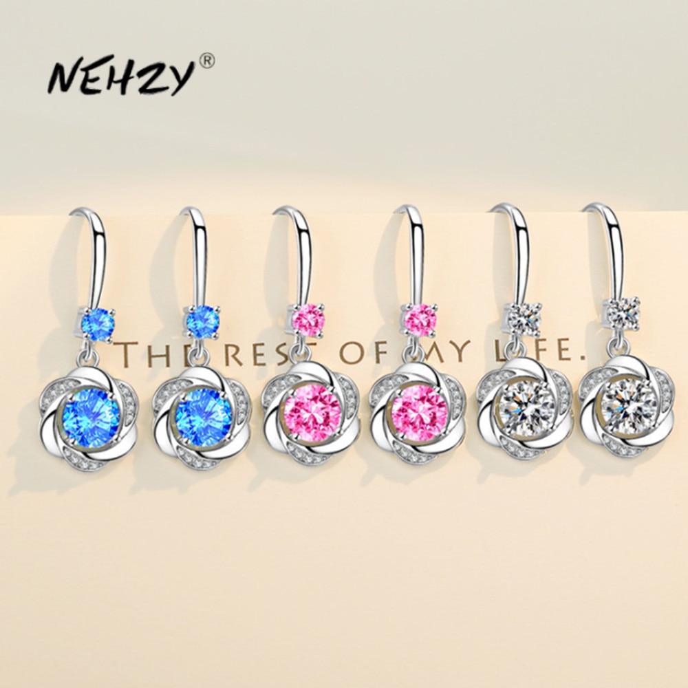 Nehzy 925 prata esterlina nova moda feminina jóias rosa azul branco cristal zircon mid-length borla trevo flor brincos