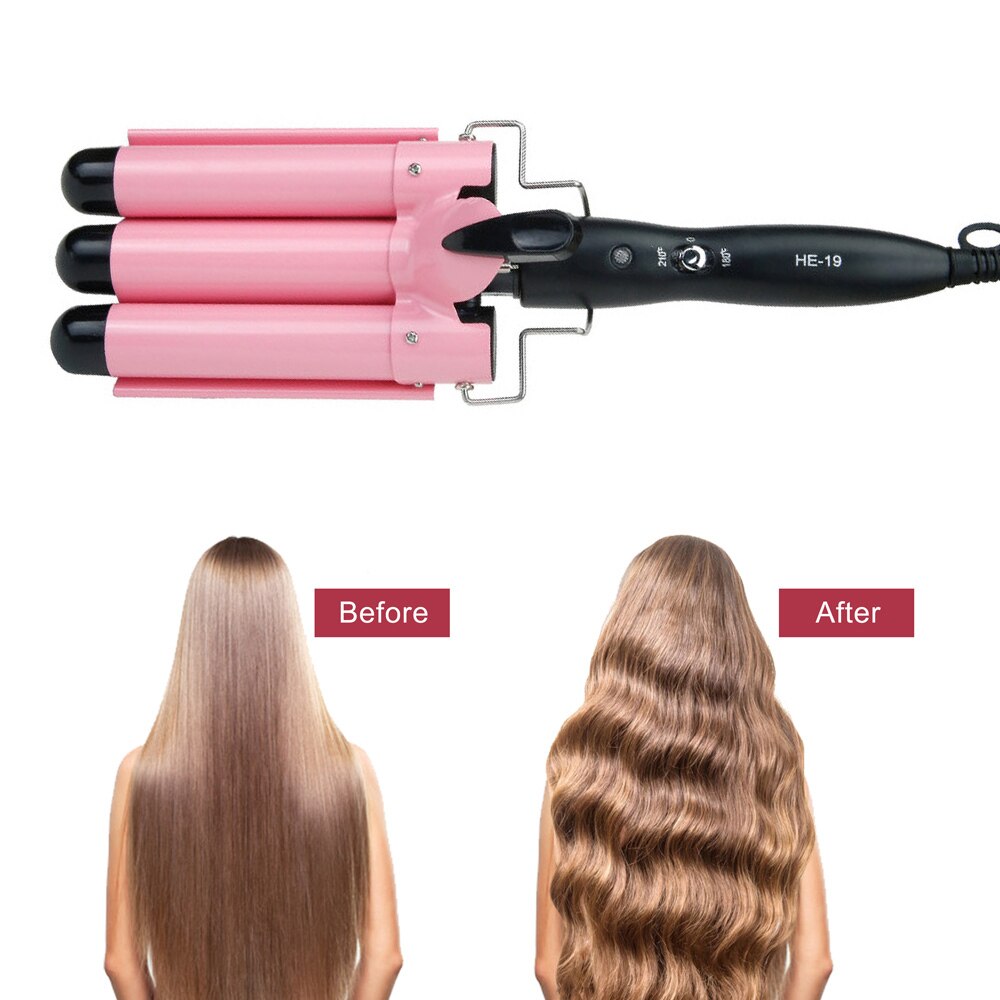 Rizador de pelo de cerámica automático, férula de permanente, cerámica, rodillos de ondulación, herramientas de estilismo, rosa, 3 barriles, 25mm, # TYx-5