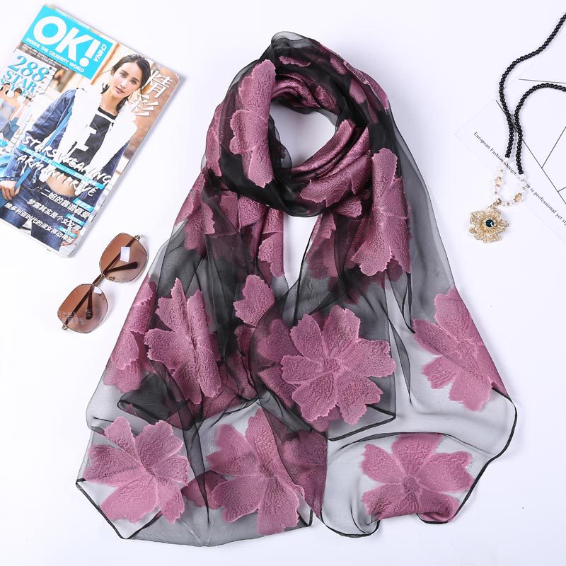 printemps Organza soie écharpe femmes de luxe broderie longue écharpe Hijab hiver dentelle foulards châle pour fille accessoires