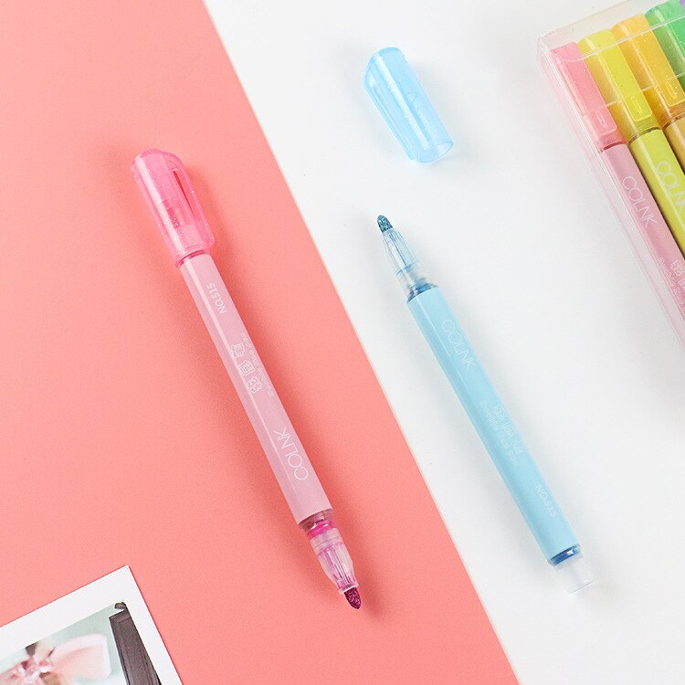 8 stk / sett søt tegning dobbel linje omriss penn highlighter tusjpenn 8 farger til skolens farge penner skrivesaker kontor skole