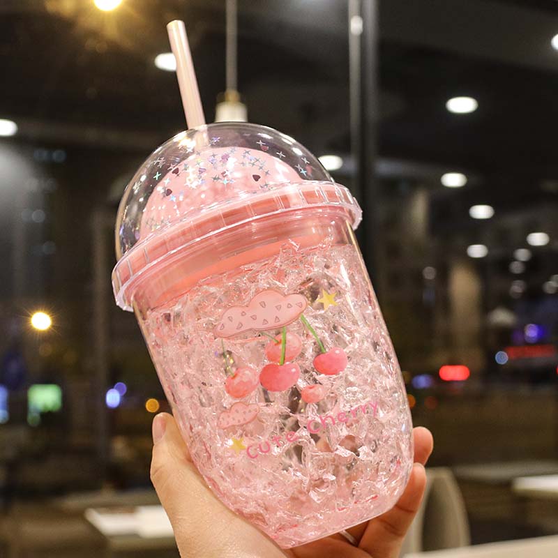 Taza para beber para adultos, 400ml, con pajita, vasos de hielo, botella de agua de plástico con cubierta, refrigeración, taza de hielo triturado, para mujer