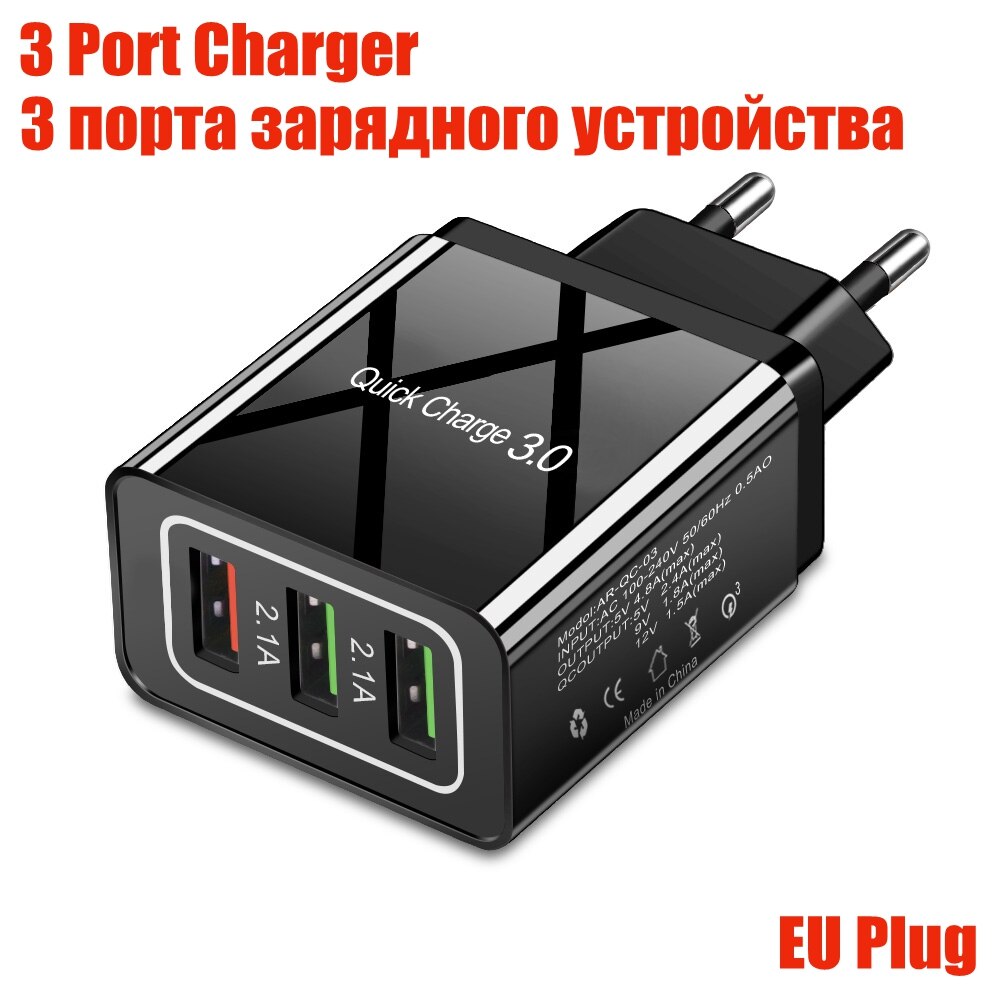 36W Ricarica Rapida 3.0 UE STATI UNITI REGNO UNITO Veloce del Caricatore del USB Per il iPhone X 11 Smausng S20 Xiaomi MI 10 huawei QC3.0 Della Parete Del Caricatore Del Telefono Mobile: Charger With Light / Black  3 Port  EU