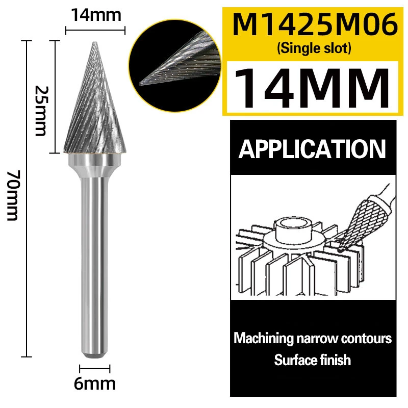 Slibehoved i wolframstål med roterende fil i hårdmetal, konisk fræser, metalslibning, gravering, enkelt og dobbelt spor, m-type: > 32mm