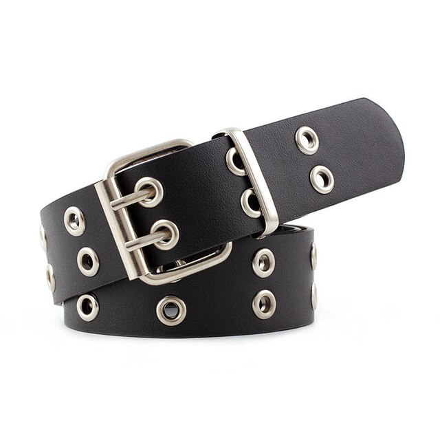 Gold Metal Double Pin Buckle Chain Women Belt PU Leather Punk Luxury Brand Waist Strap Belts for Jeans: 3.8cm black