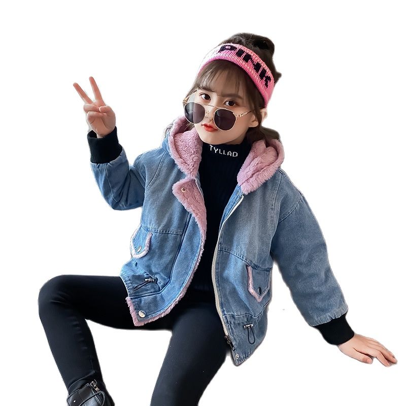 Winter Children's Denim Jackets Teenage Girls Boutique Clothes Velvet Hooded Jean Trench Coat Teen Casual Outerwear Windbreakers