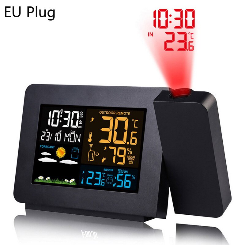 LED Alarm Projektion Uhr Thermometer Hygrometer kabellos Wetter Bahnhof Digital Uhr Schlummern Pult Tabelle Projekt Radio Uhr: EU Stecker