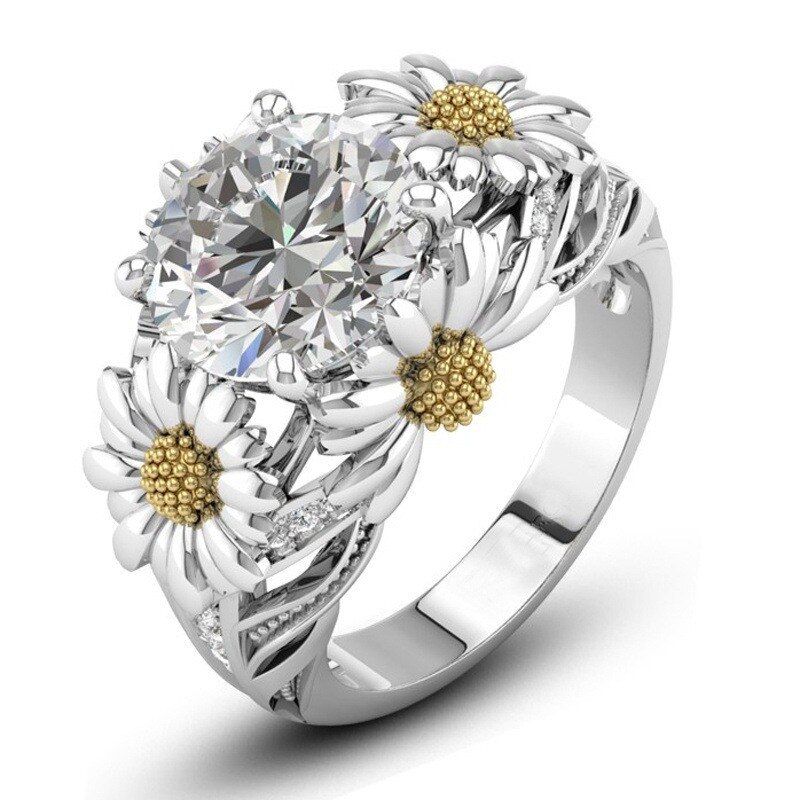 Anneaux de tournesol CC pour femmes, bijoux de mariage de fiançailles, pierre ronde, zircone cubique, accessoires CC2012: 8 / White