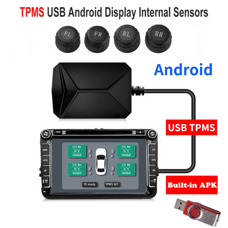 USB Android TPMS Tire Pressure Monitoring System Display Alarm System Internal Sensors Android Navigation Car Radio 4 Sensors