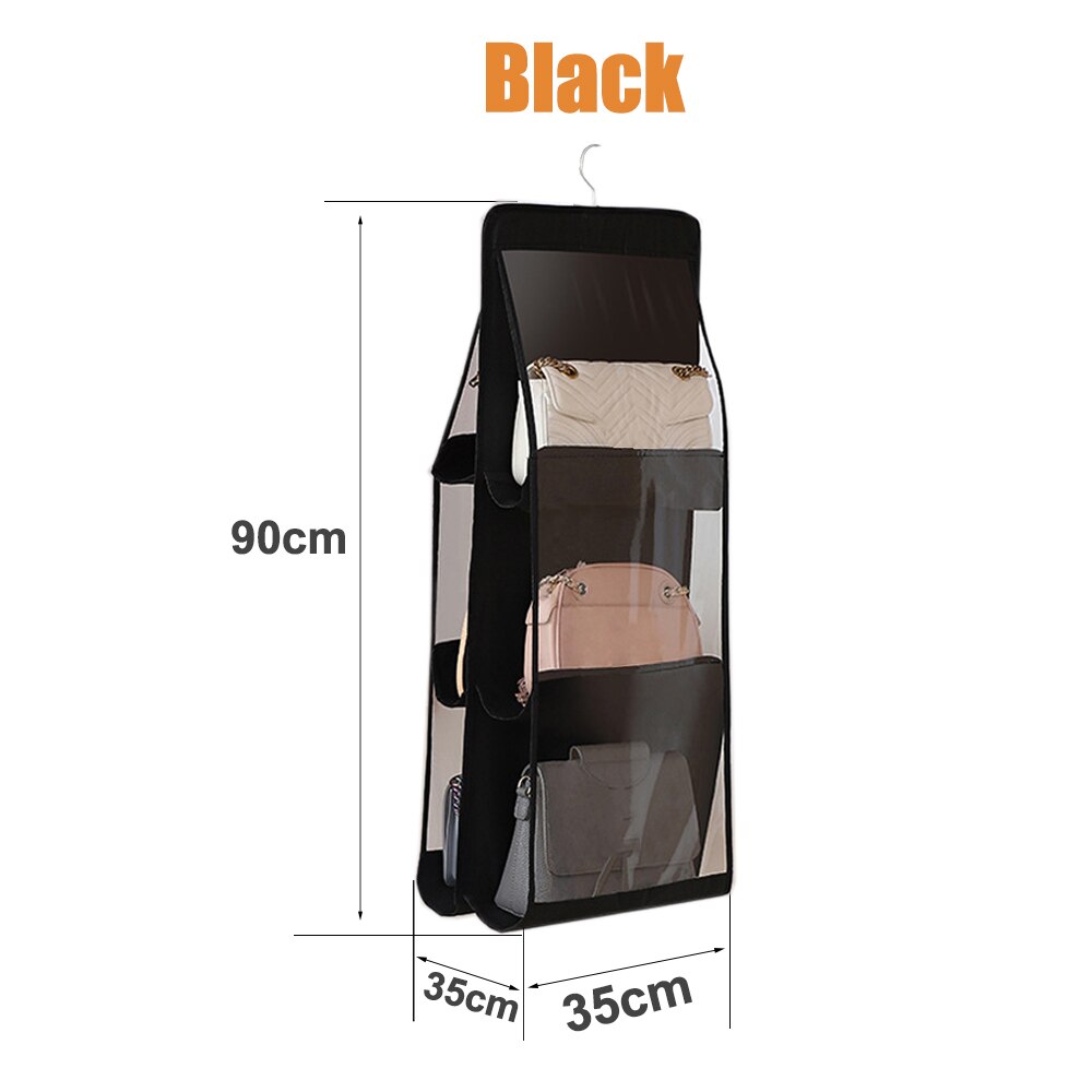 6 Pocket Foldable Hanging Bag 3 Layers Folding Shelf Bag Purse Handbag Organizer Handbag Storage Hanging Door Pocket Closet Hang: Black thick version