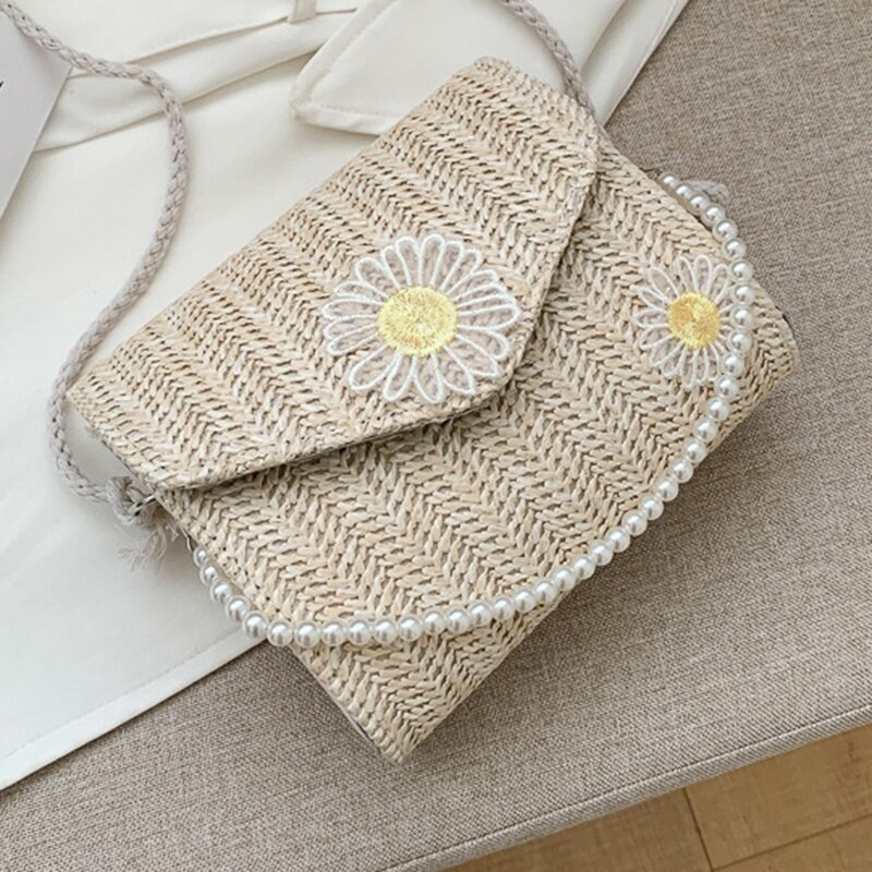 Halmvävd väska kvinnlig vävd axel liten fyrkantig väska wild pearl crossbody-väska