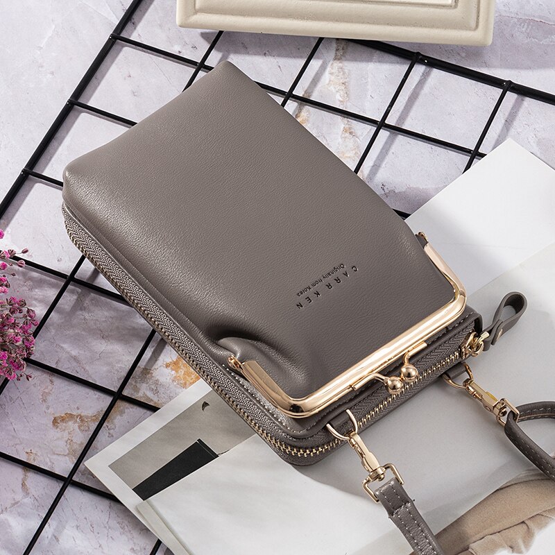 Women's Wallet Double-Layer Mobile Phone Bag Korean Ladies Messenger Shoulder Ultra Soft Multi Card Sto: Gray