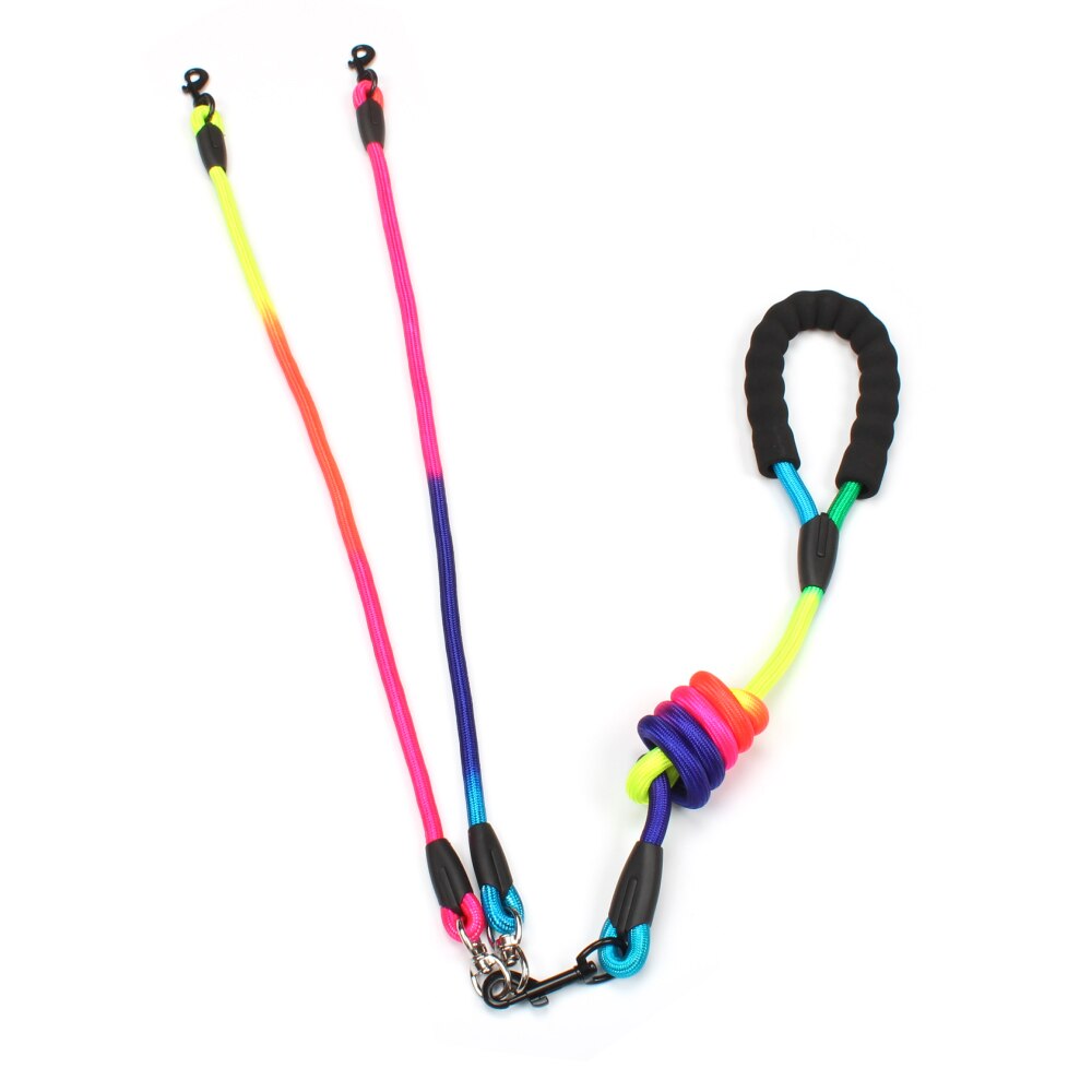 Rainbow Multi Honden Leash Nylon Afneembare Huisdier Lood Foam Handvat 1 Leash Voor 2 Of 3 Of 4 Honden ronde Trekkabel Hond Levert: Two dog leash