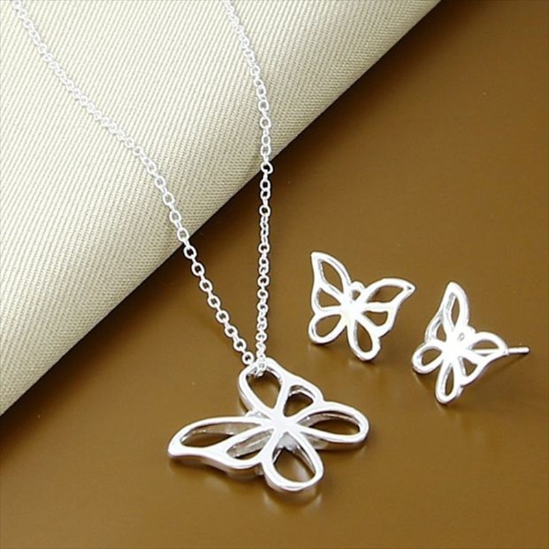 Style 925 Sterling Silver 18 Inch Butterfly Chain Necklace Earring Set For Women Wedding Engagement Party Charm Jewelry