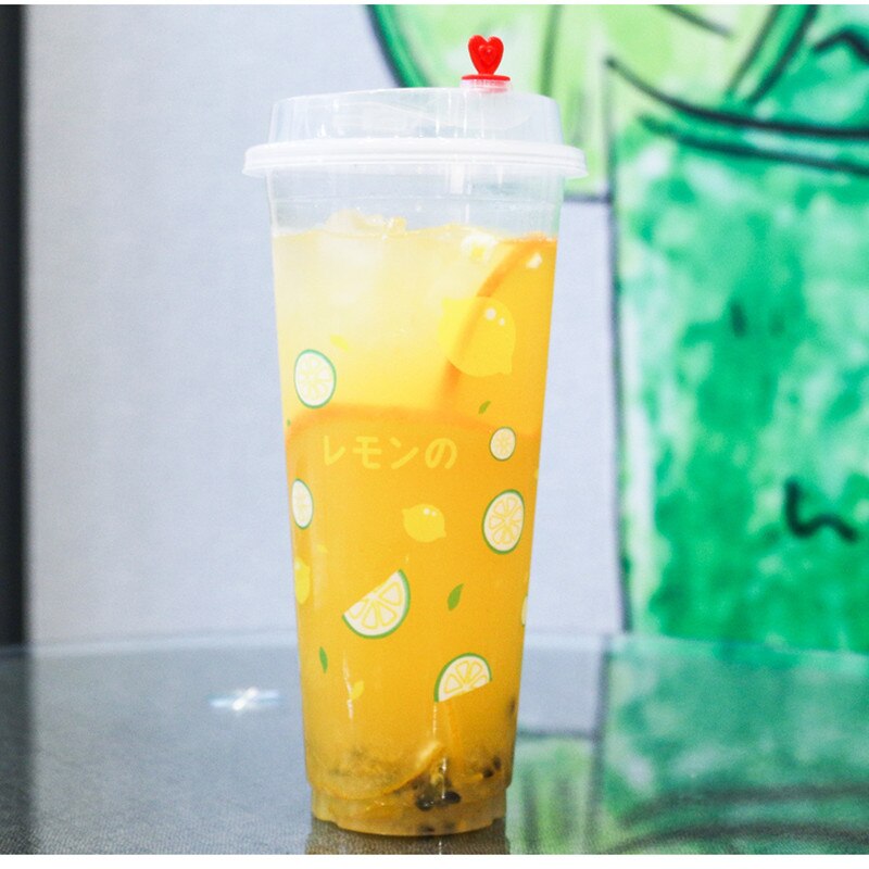 50pcs 90 caliber 500ml transparent cold drink cup fruit lemon peach pattern disposable juice plastic cups with lid