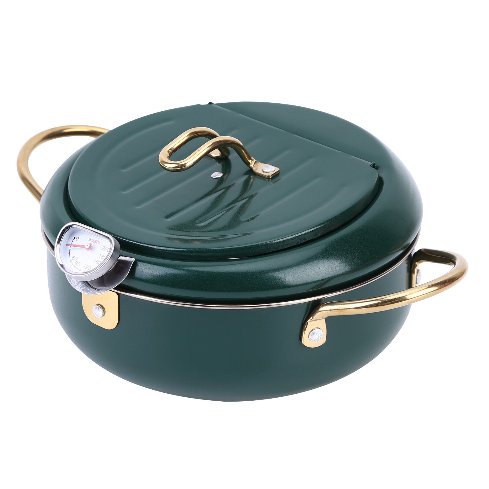 304 Stainless Steel Japanese Tempura Deep Fryer with Lid Thermometer with Strainer 20CM 24CM Kitchen Fryer Pan Kitchen Supplies: 24cm / Dark green