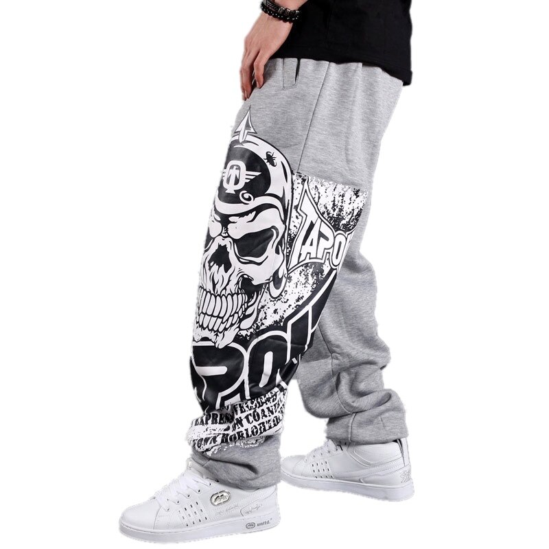hommes Hip Hop pantalon ample rue danse pantalons longs crâne imprimer Rock and Roll Punk Baggy Parkour Skateboard survêtement hommes: L / Gris